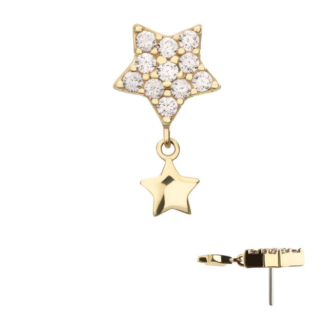 Invictus 14Kt Yellow Gold Threadless Pave Gem Star Top with Gold Star Dangle