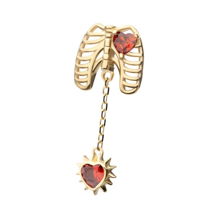 Invictus 14Kt Yellow Gold Threadless Prong Set Heart Gem Rib Cage Top with Spike Heart Dangle
