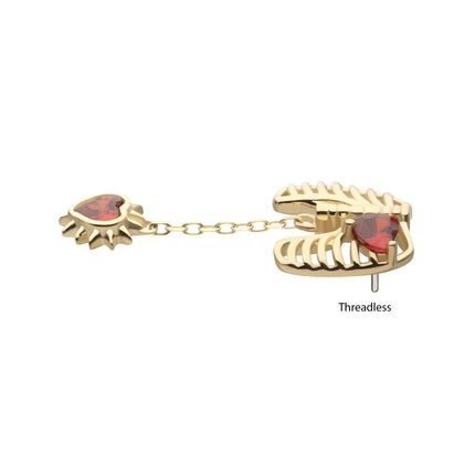 Invictus 14Kt Yellow Gold Threadless Prong Set Heart Gem Rib Cage Top with Spike Heart Dangle