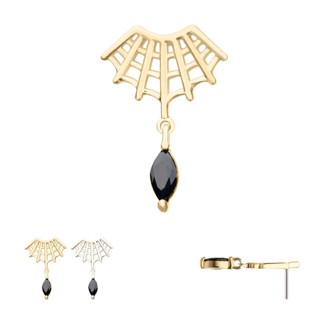 Invictus 14Kt Gold Threadless Fan Shape Spiderweb Top with Black Marquise Gem Dangle
