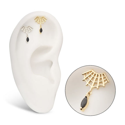Invictus 14Kt Gold Threadless Fan Shape Spiderweb Top with Black Marquise Gem Dangle