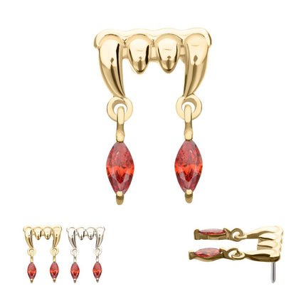 Invictus 14Kt Gold Threadless Dripping Fangs Top with Garnet Marquise Gem Dangle