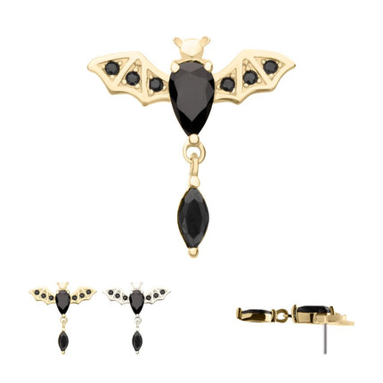 Invictus 14Kt Gold Threadless Prong Set Gem Flying Bat Top with Black Marquise Dangle