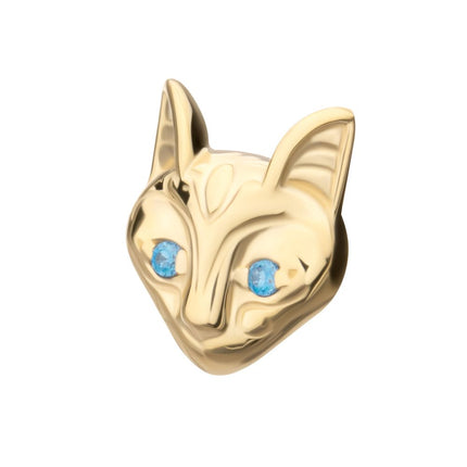 Invictus 14Kt Yellow Gold Threadless Etched Sphynx Cat Head Top with Aqua Gem Eyes
