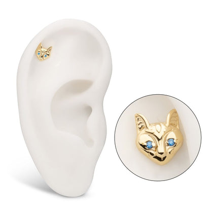 Invictus 14Kt Yellow Gold Threadless Etched Sphynx Cat Head Top with Aqua Gem Eyes
