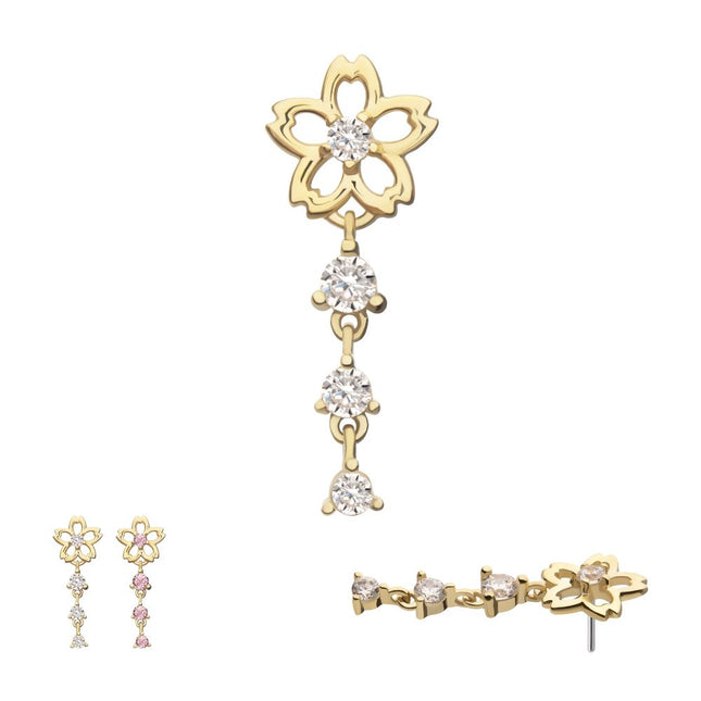 Invictus 14Kt Yellow Gold Threadless Cut Out Cherry Blossom Flower Top with Triple Prong Set Gem Dangle