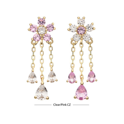 Invictus 14Kt Yellow Gold Threadless 5-Petal Prong Set Gem Cherry Blossom Flower Top with Triple Teardrop Dangle