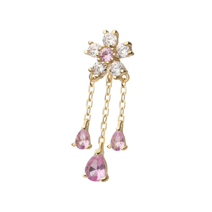 Invictus 14Kt Yellow Gold Threadless 5-Petal Prong Set Gem Cherry Blossom Flower Top with Triple Teardrop Dangle