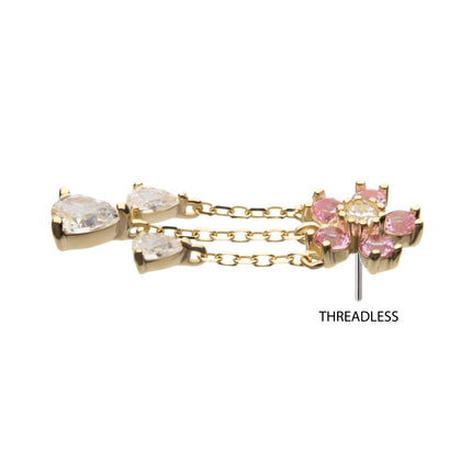 Invictus 14Kt Yellow Gold Threadless 5-Petal Prong Set Gem Cherry Blossom Flower Top with Triple Teardrop Dangle