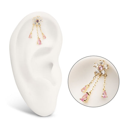 Invictus 14Kt Yellow Gold Threadless 5-Petal Prong Set Gem Cherry Blossom Flower Top with Triple Teardrop Dangle