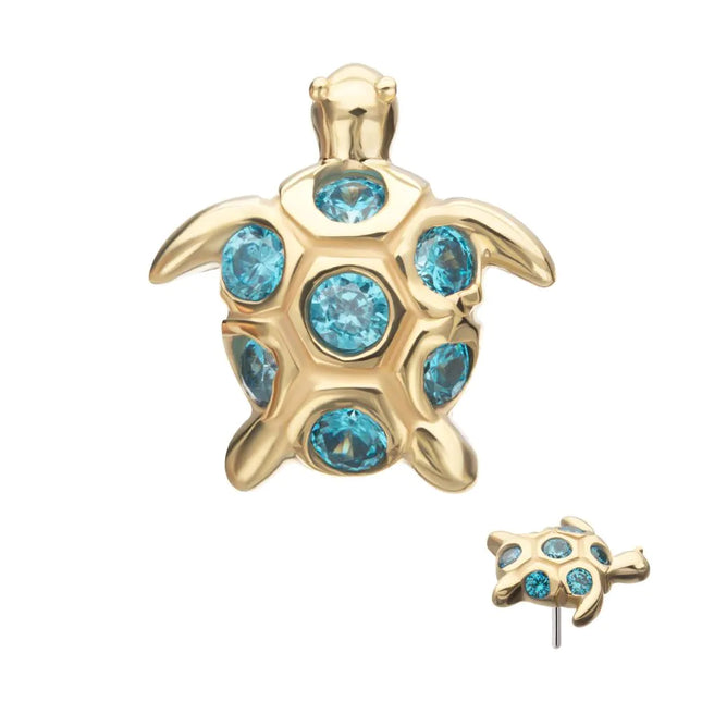 Invictus 14kt Yellow Gold Threadless 2D Sea Turtle Top with Bezel Aqua Gem