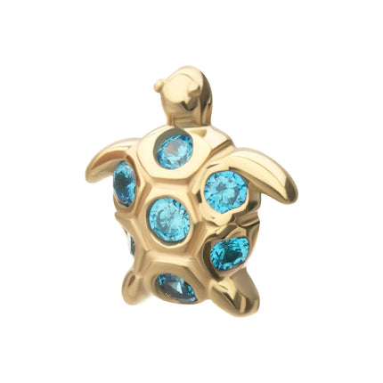 Invictus 14kt Yellow Gold Threadless 2D Sea Turtle Top with Bezel Aqua Gem