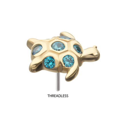 Invictus 14kt Yellow Gold Threadless 2D Sea Turtle Top with Bezel Aqua Gem