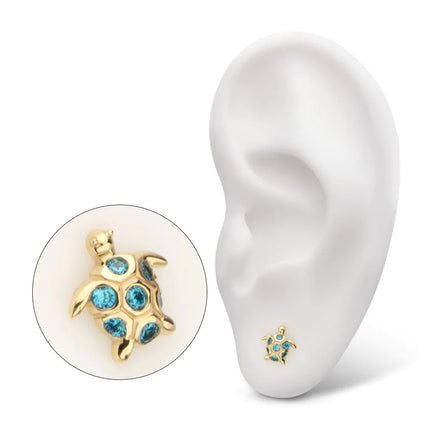 Invictus 14kt Yellow Gold Threadless 2D Sea Turtle Top with Bezel Aqua Gem