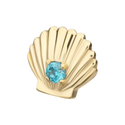 Invictus 14Kt Yellow Gold Threadless Etched Seashell Top with Prong Set Aqua Gem