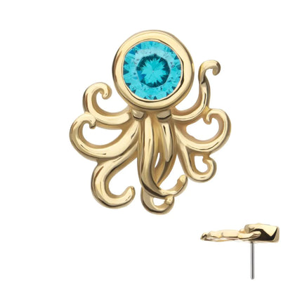 Invictus 14Kt Yellow Gold Threadless Sprawling Octopus Top with Bezel Aqua Gem