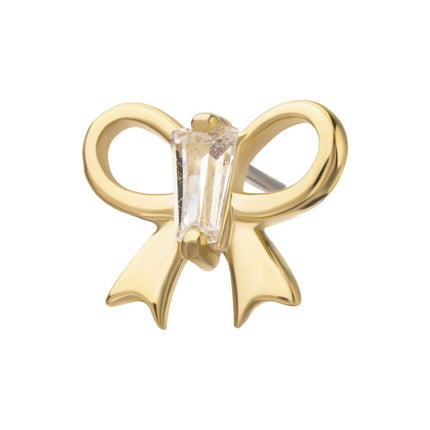Invictus 14Kt Yellow Gold Threadless Cut Out Bow with Prong Set Baguette Gem Top
