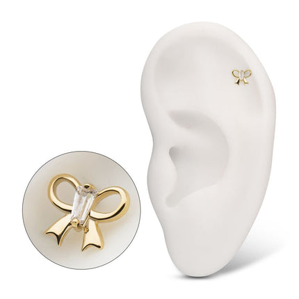 Invictus 14Kt Yellow Gold Threadless Cut Out Bow with Prong Set Baguette Gem Top