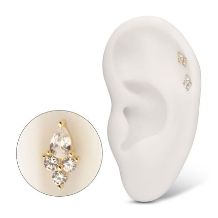 Invictus 14Kt Gold Threadless Prong Set Teardrop & Triple Round Gem Top