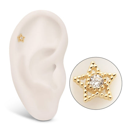 Invictus 14Kt Yellow Gold Threadless Cut Out Beaded Edge Star Top with Gem