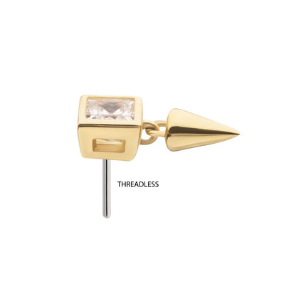 Invictus 14Kt Gold Threadless Bezel Princess Cut Gem Top with Spike Dangle