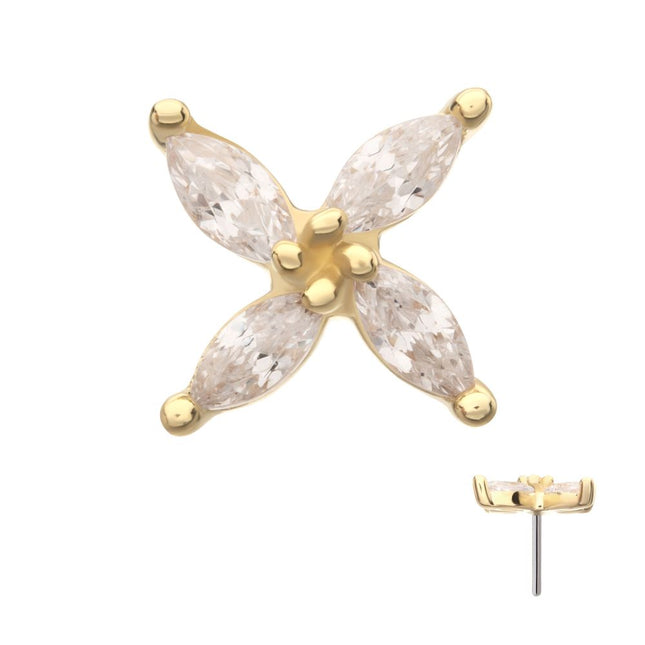 Invictus 14Kt Yellow Gold Threadless Prong Set Marquise CZ Gem 4-Petal Flower Top