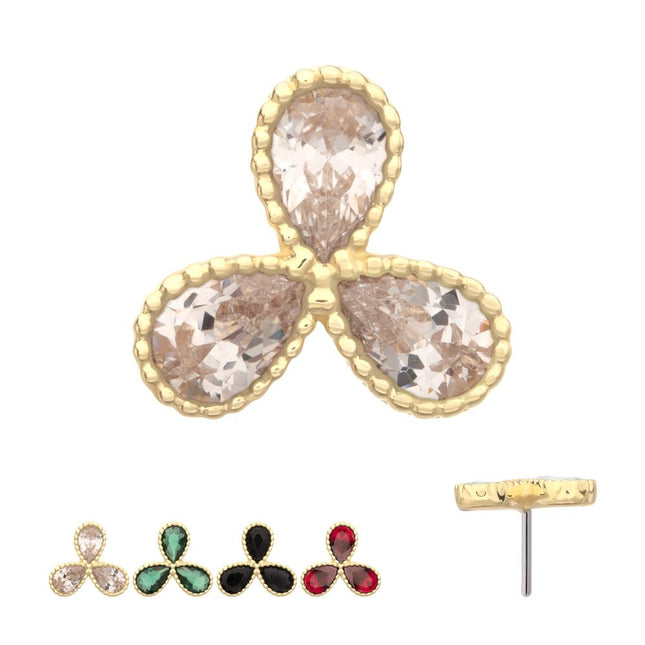 Invictus 14Kt Yellow Gold Threadless Milgrain Edge Teardrop CZ Gem 3-Petal Flower Top