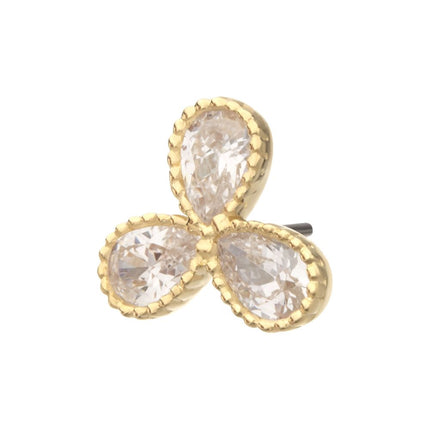 Invictus 14Kt Yellow Gold Threadless Milgrain Edge Teardrop CZ Gem 3-Petal Flower Top