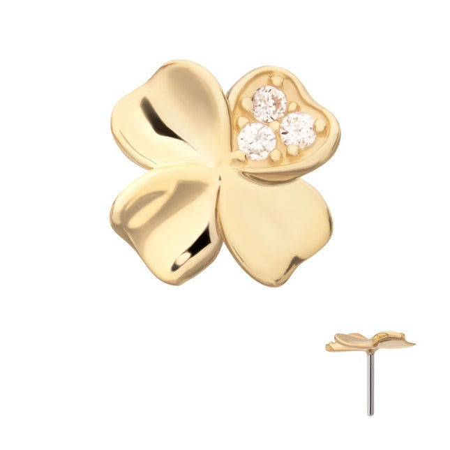 Invictus 14Kt Yellow Gold Threadless 3D Clover Top with Triple CZ Gem