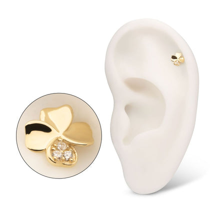 Invictus 14Kt Yellow Gold Threadless 3D Clover Top with Triple CZ Gem