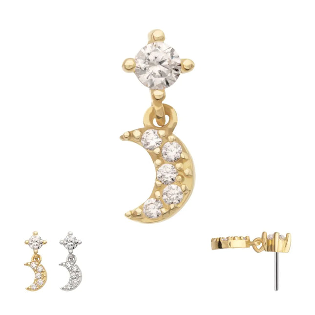 Invictus 14Kt Gold Threadless 4-Prong CZ 2mm Gem Top with Pave CZ Gem Crescent Moon Dangle
