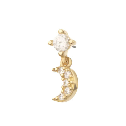 Invictus 14Kt Gold Threadless 4-Prong CZ 2mm Gem Top with Pave CZ Gem Crescent Moon Dangle