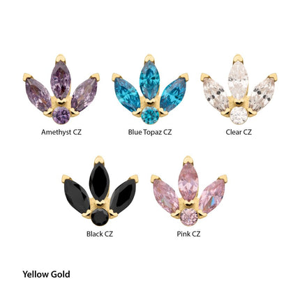 Invictus 14Kt Gold Threadless Marquise Fan with Central Round CZ Gem Top