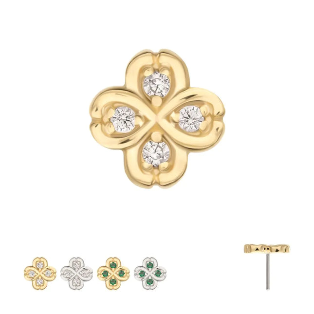 Invictus 14Kt Gold Threadless 4 Leaf Clover with Prong Gem Accents Top