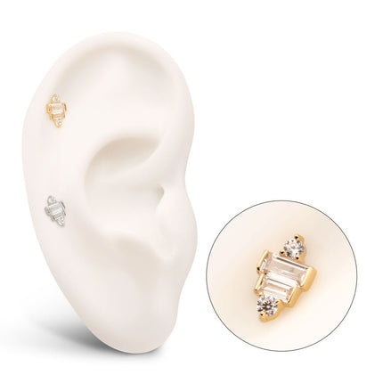 Invictus 14Kt Gold Threadless 3D Geometric Baguette & Round Gem Top