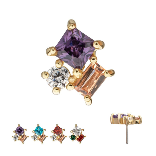 Invictus 14Kt Yellow Gold Threadless 3-Cluster Round, Square & Baguette Prong Set Multi-Gem Top