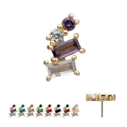Invictus 14Kt Yellow Gold Threadless 4-Staggered Baguette Cluster Prong Set Multi-Gem Top