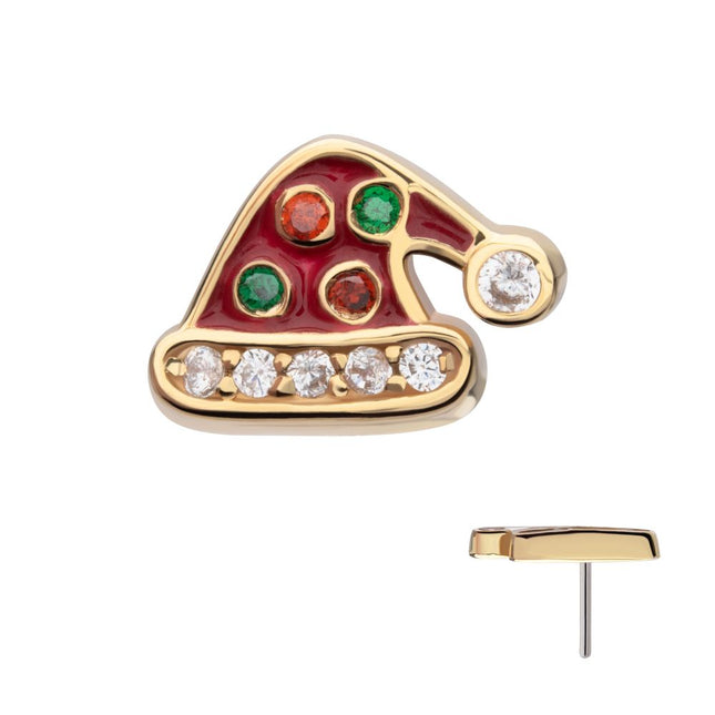 Invictus 14Kt Yellow Gold Threadless Clear/Garnet/Green Gem with Red Enamel Santa Hat Top