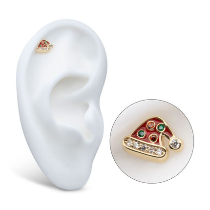 Invictus 14Kt Yellow Gold Threadless Clear/Garnet/Green Gem with Red Enamel Santa Hat Top