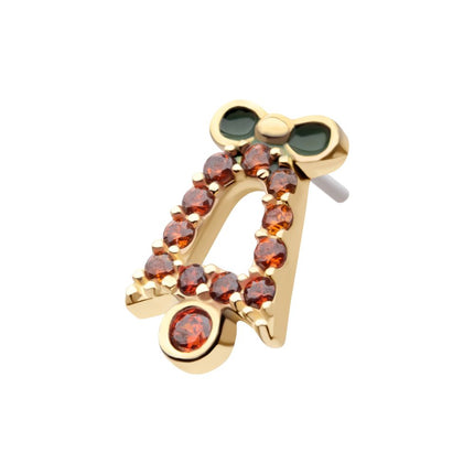 Invictus 14Kt Yellow Gold Threadless Garnet Gem with Green Enamel Christmas Bell Top