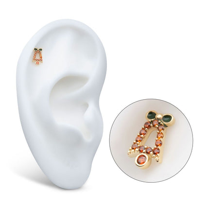 Invictus 14Kt Yellow Gold Threadless Garnet Gem with Green Enamel Christmas Bell Top
