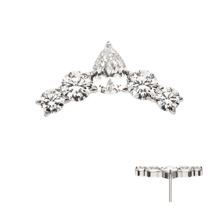 Invictus 14Kt White Gold Threadless Curved Bar Top with Round & Teadrop Gem Cluster