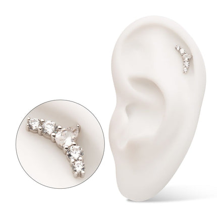 Invictus 14Kt White Gold Threadless Curved Bar Top with Round & Teadrop Gem Cluster