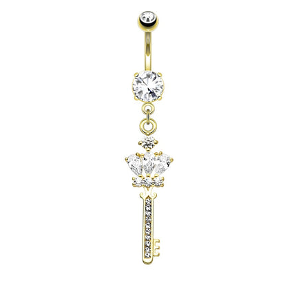 Ornate Key Micro Jewelled Dangle Plated Fashion Navel in Silver or Gold