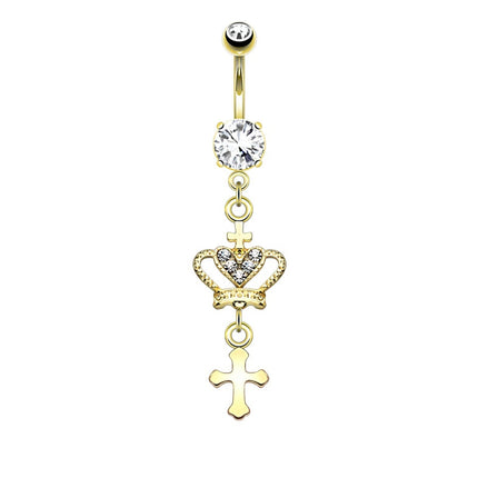 Crown and Cross Jewelled Dangle Plated Fashion Navel in Silver or Gold