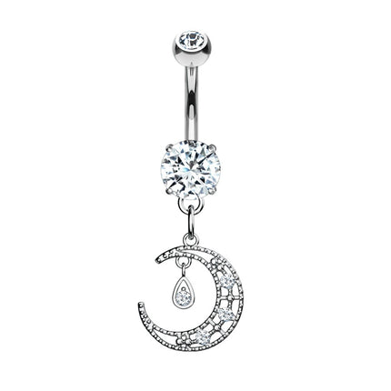Crescent Moon Micro Jewelled Dangle Plated Fashion Navel in Gold, Silver & Rose Gold