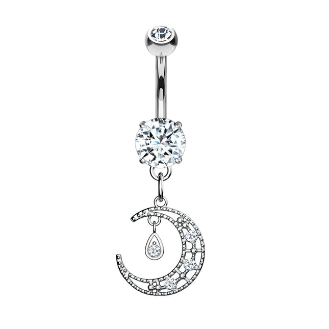 Crescent Moon Micro Jewelled Dangle Plated Fashion Navel in Gold, Silver & Rose Gold