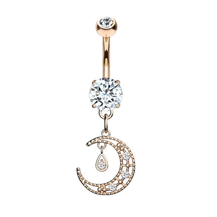 Crescent Moon Micro Jewelled Dangle Plated Fashion Navel in Gold, Silver & Rose Gold