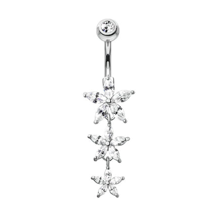 Triple Flower Cascade Jewelled Dangle Plated Fashion Navel. In Silver, Gold and Rose Gold