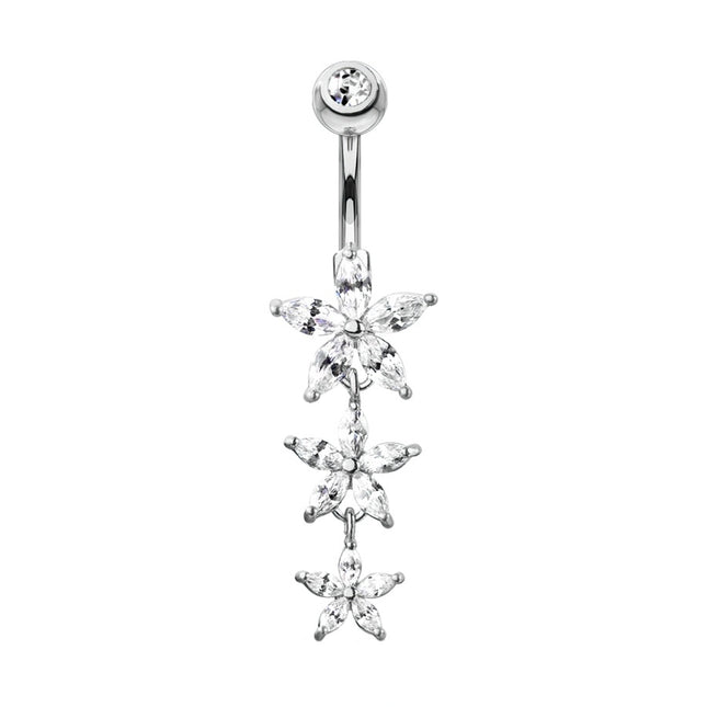 Triple Flower Cascade Jewelled Dangle Plated Fashion Navel. In Silver, Gold and Rose Gold